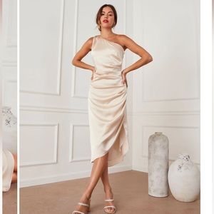 VICI Collection One Shoulder Satin Slit MIDI Dress Champagne